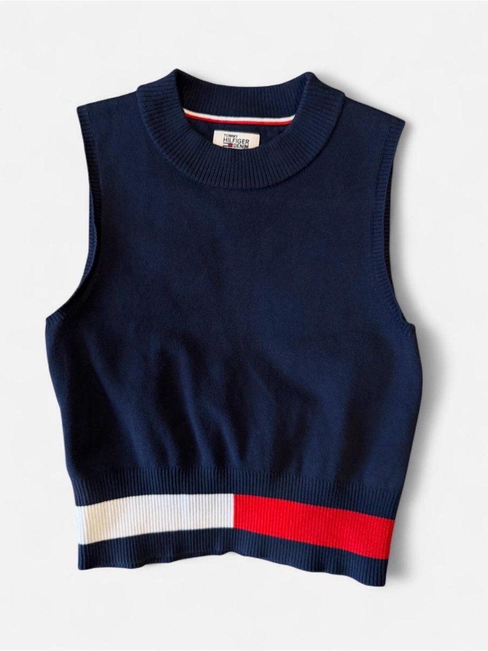 Vintage Tommy Hilfiger Navy Knit Sweat Vest with Red and White Trim
